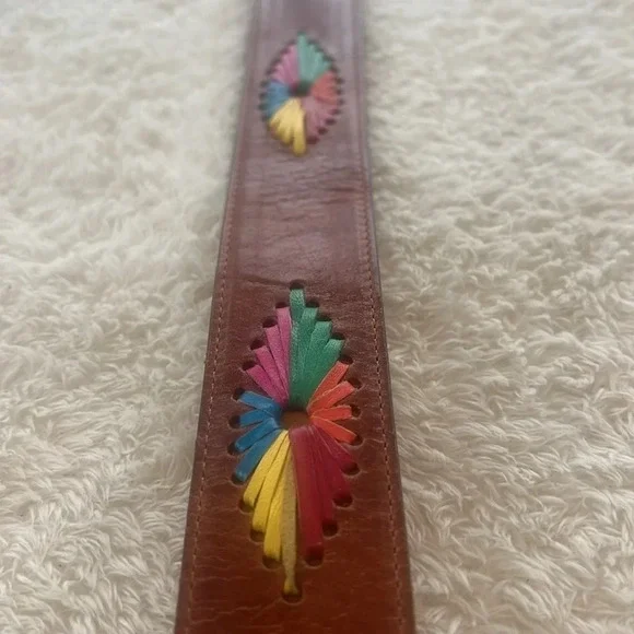 Vintage Women’s Brown Leather Belt Sz L Made USA Hankton 337 Colorful Starbursts - Picture 4 of 16